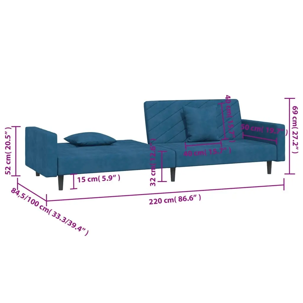 2-Seater Sofa Bed with Two Pillows Blue Velvet 375917