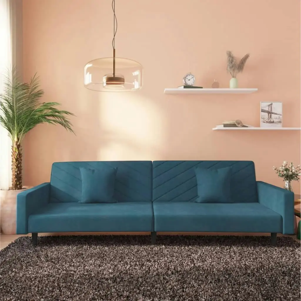 2-Seater Sofa Bed with Two Pillows Blue Velvet 375917