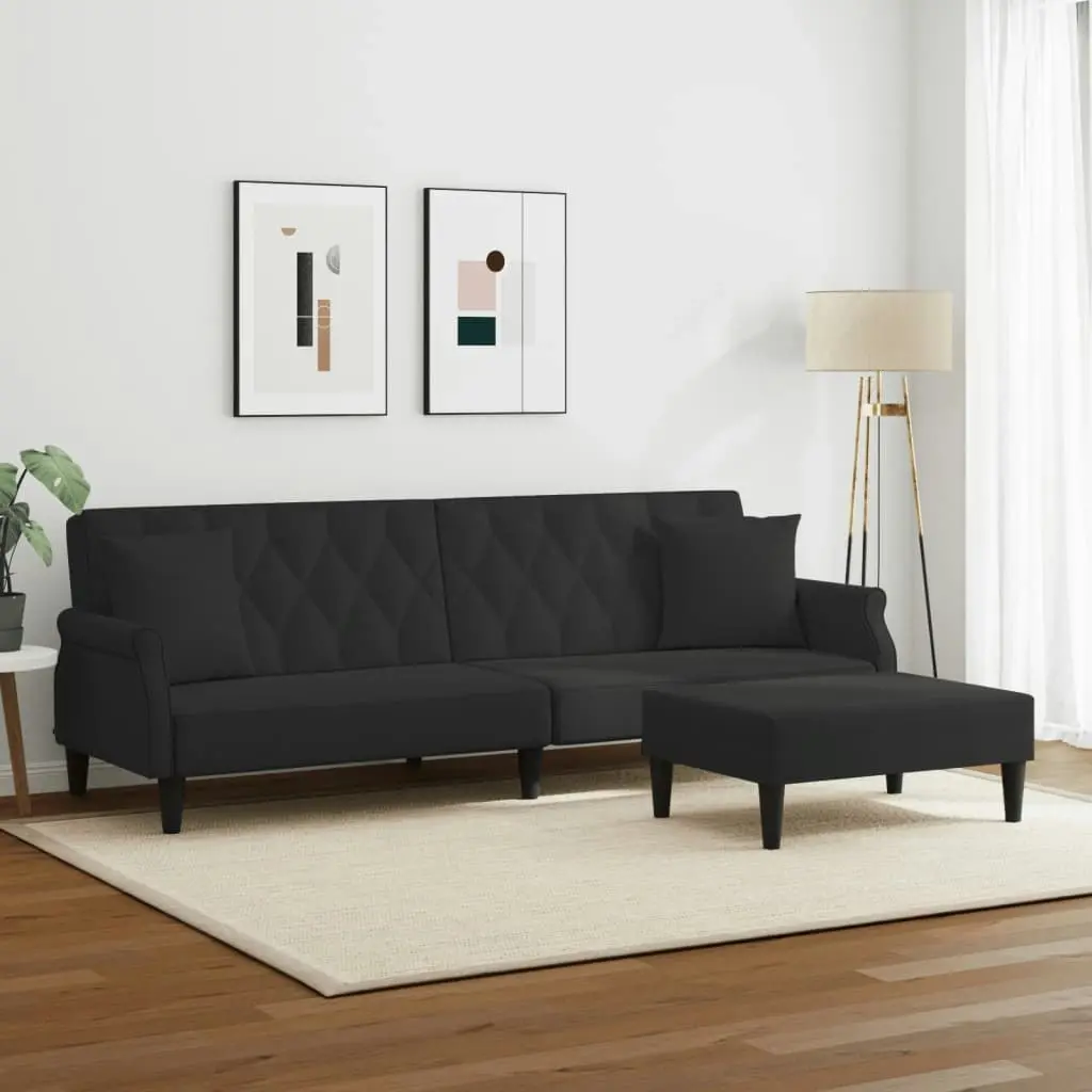 2-Seater Sofa Bed with Pillows and Footstool Black Velvet 3216222