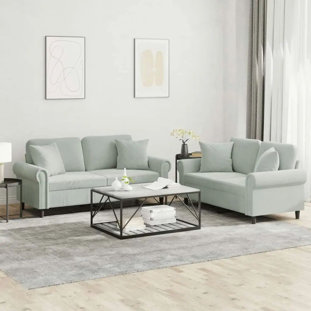 2 Piece Sofa Set with Pillows Light Grey Velvet 3202230