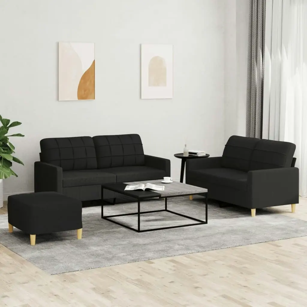 3 Piece Sofa Set with Cushions Black Fabric 3201286