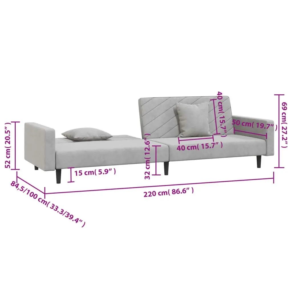 2-Seater Sofa Bed with Two Pillows Light Grey Velvet 375918