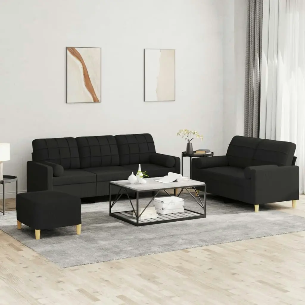 3 Piece Sofa Set with Pillows Black Fabric 3201334