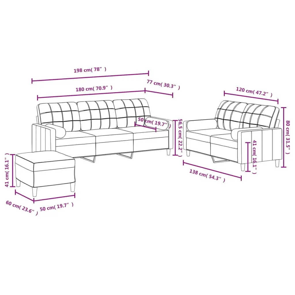 3 Piece Sofa Set with Pillows Black Fabric 3201334