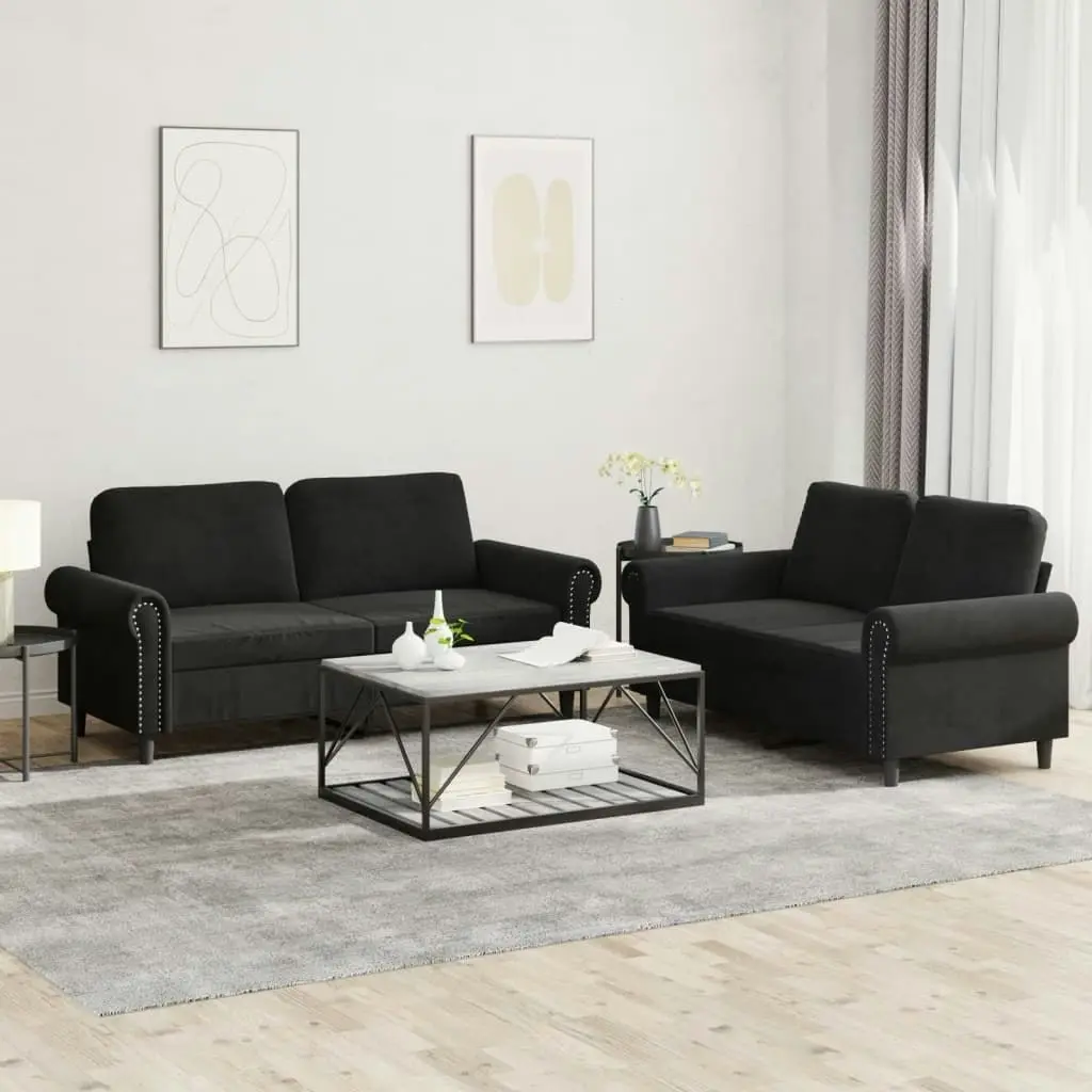 2 Piece Sofa Set with Cushions Black Velvet 3202215