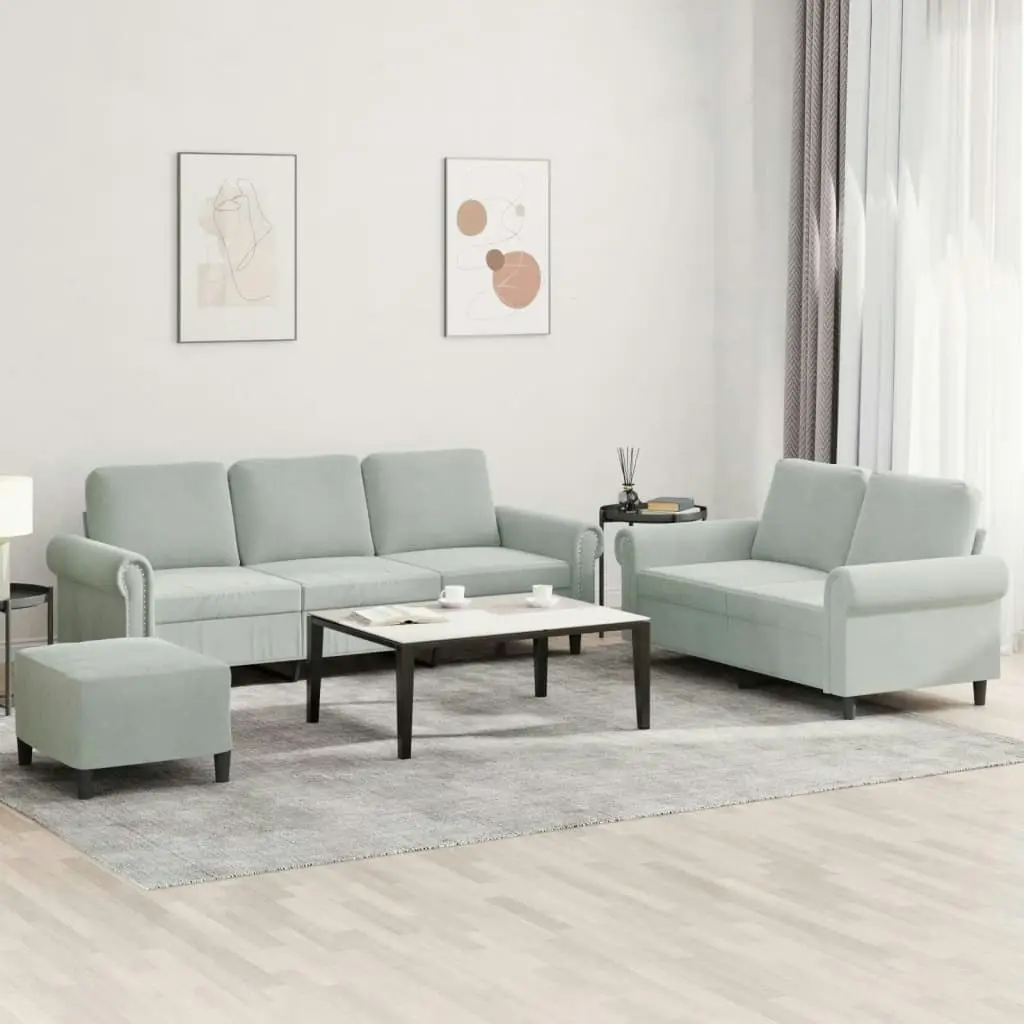 3 Piece Sofa Set with Cushions Light Grey Velvet 3202260