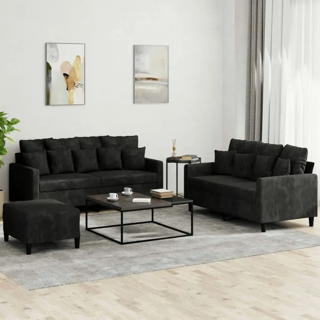 3 Piece Sofa Set with Cushions Black Velvet 3201715