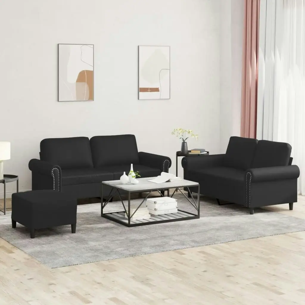 3 Piece Sofa Set with Cushions Black Faux Leather 3202155