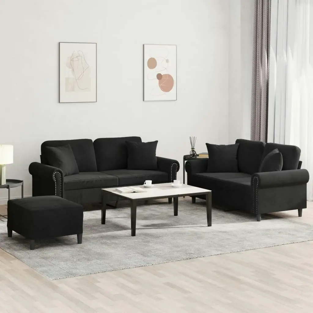 3 Piece Sofa Set with Pillows Black Velvet 3202245