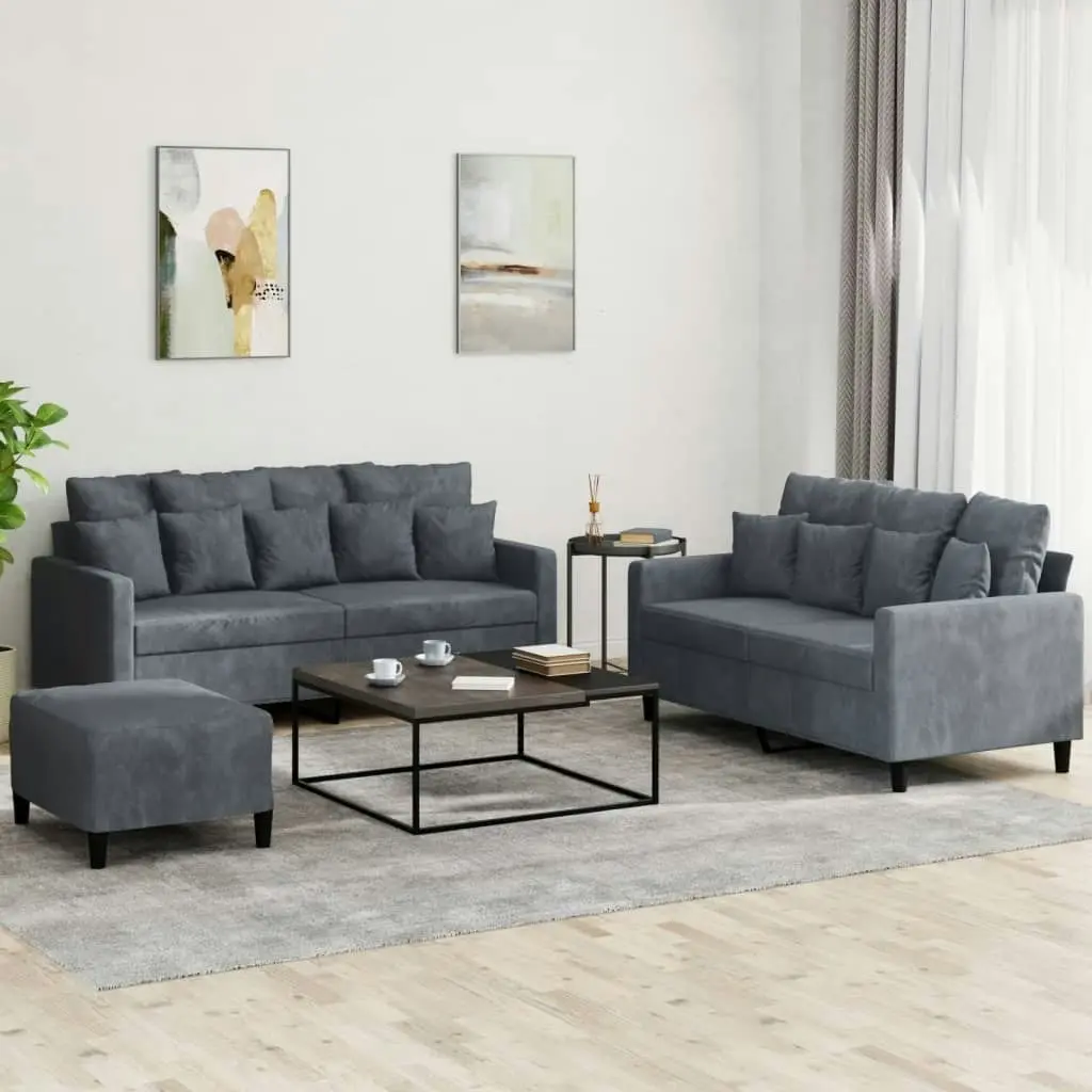 3 Piece Sofa Set with Cushions Dark Grey Velvet 3201711