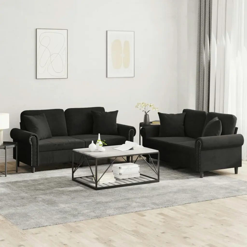 2 Piece Sofa Set with Pillows Black Velvet 3202235