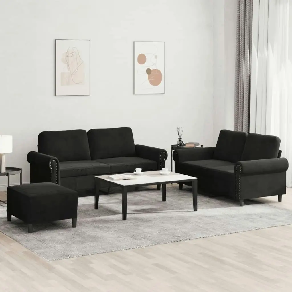 3 Piece Sofa Set with Cushions Black Velvet 3202225