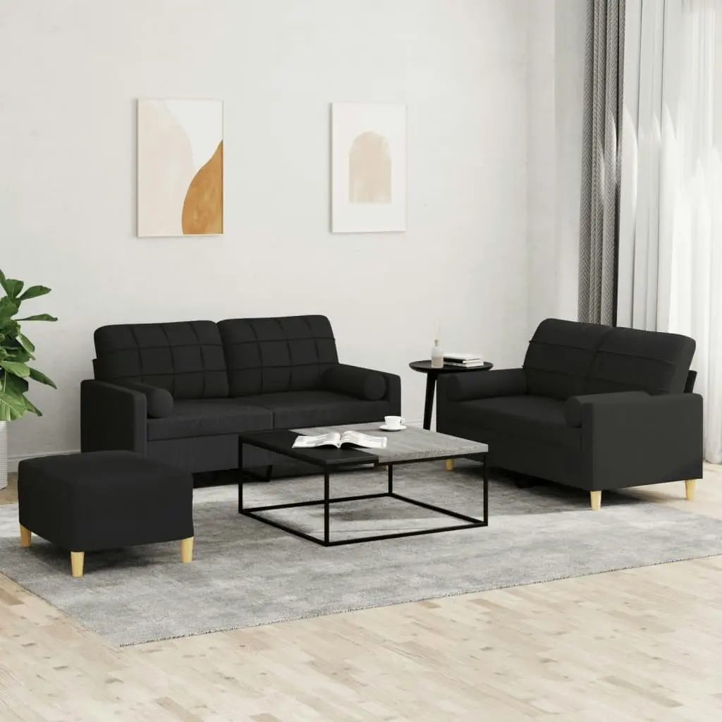 3 Piece Sofa Set with Pillows Black Fabric 3201302