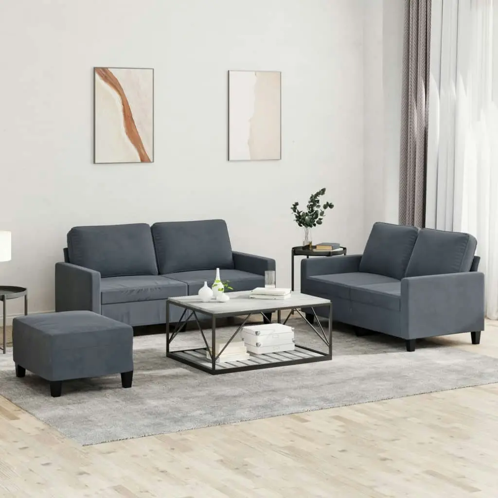 3 Piece Sofa Set with Cushions Dark Grey Velvet 3201507