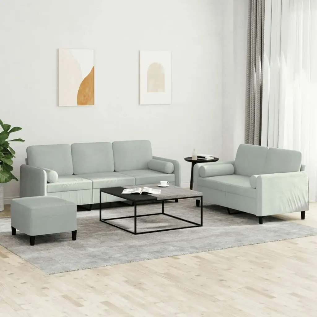 3 Piece Sofa Set with Pillows Light Grey Velvet 3202044