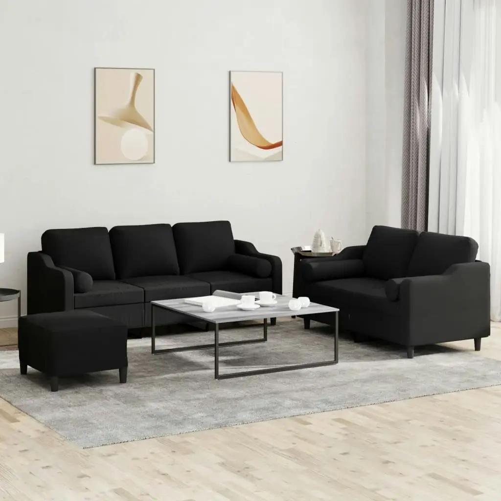 3 Piece Sofa Set with Pillows Black Fabric 3201862