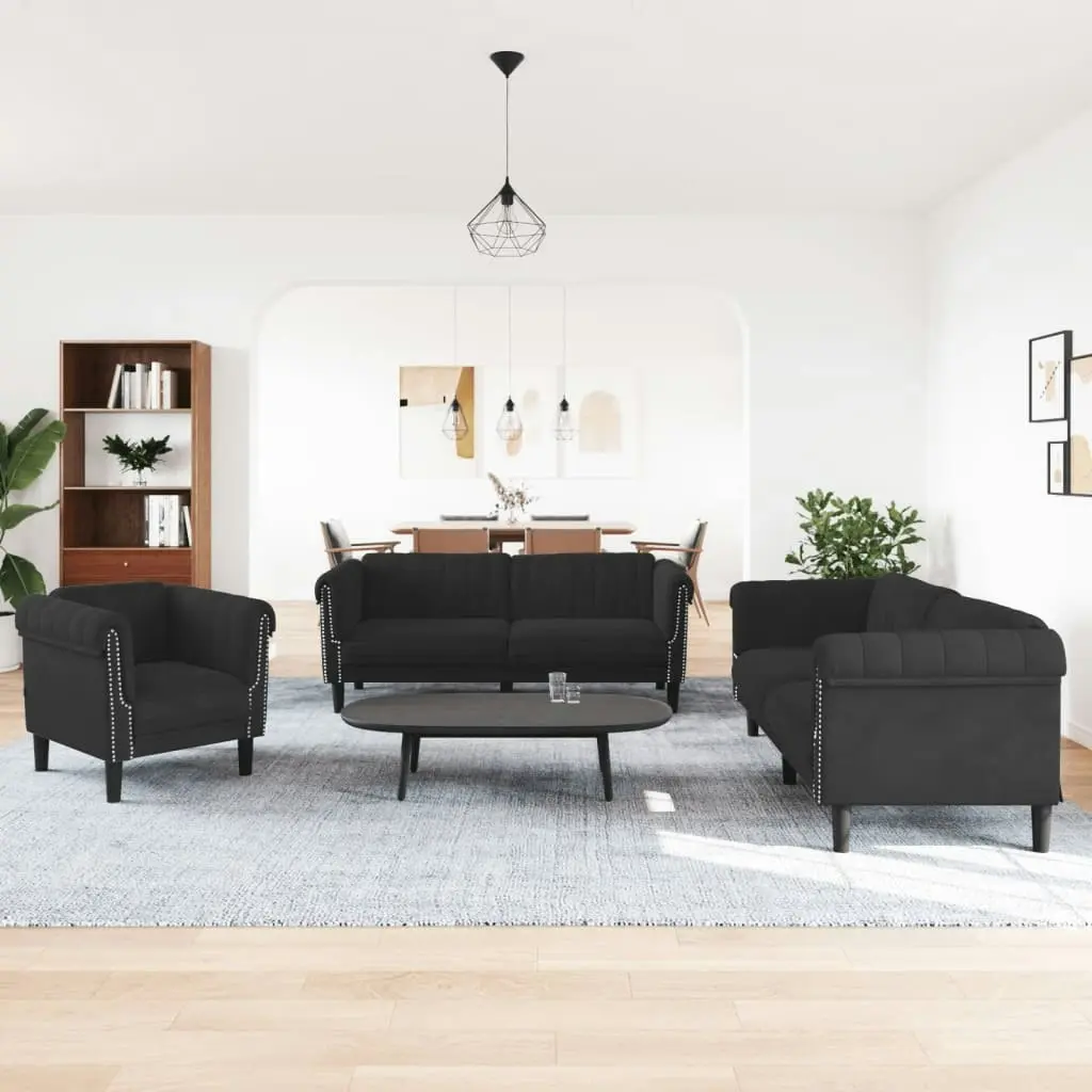 3 Piece Sofa Set Black Velvet 3209214