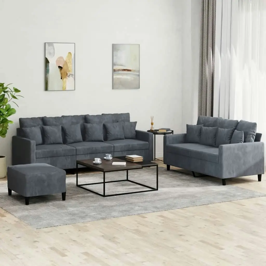 3 Piece Sofa Set with Cushions Dark Grey Velvet 3201731