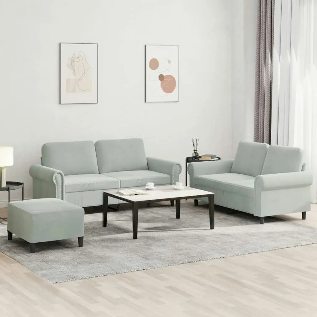 3 Piece Sofa Set with Cushions Light Grey Velvet 3202220