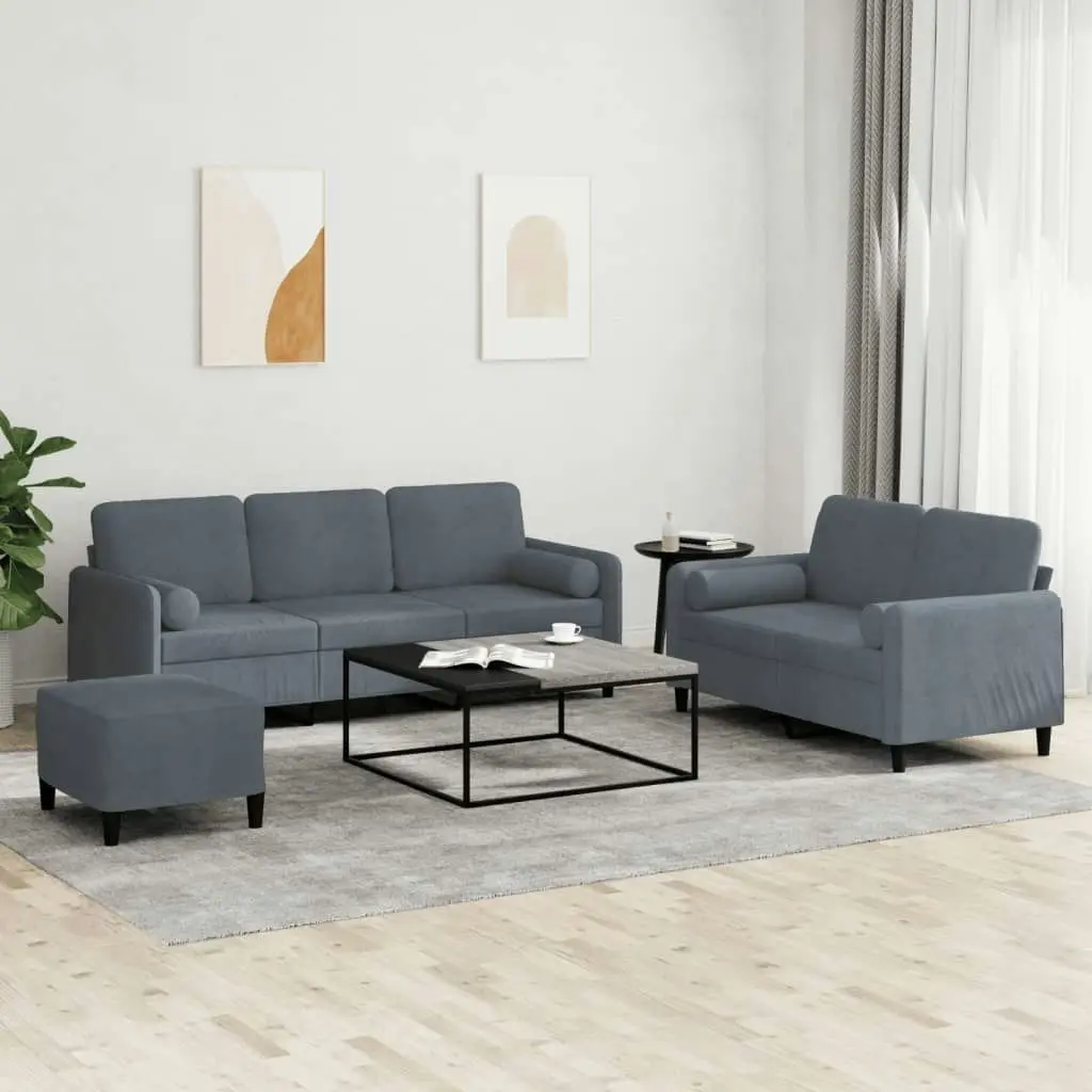 3 Piece Sofa Set with Pillows Dark Grey Velvet 3202045