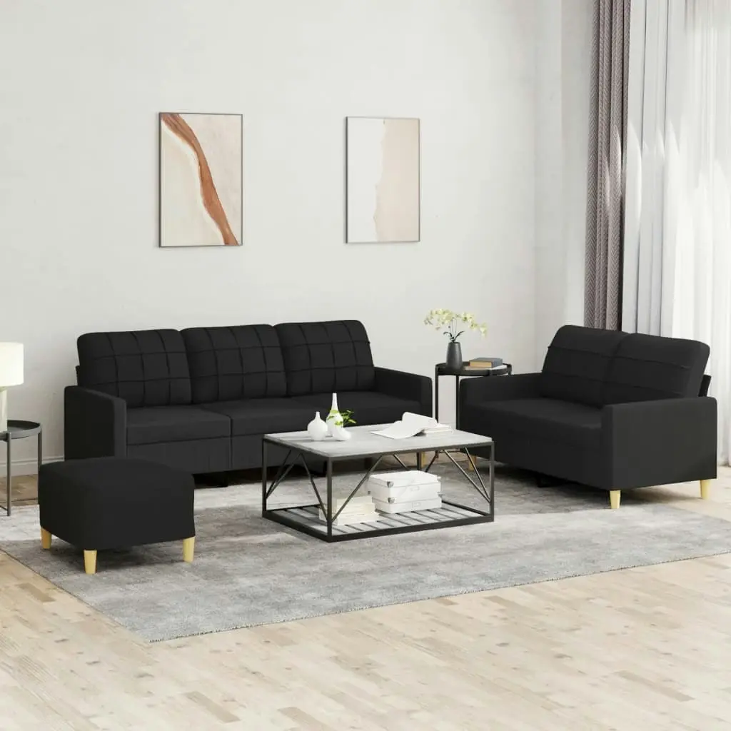 3 Piece Sofa Set with Cushions Black Fabric 3201318