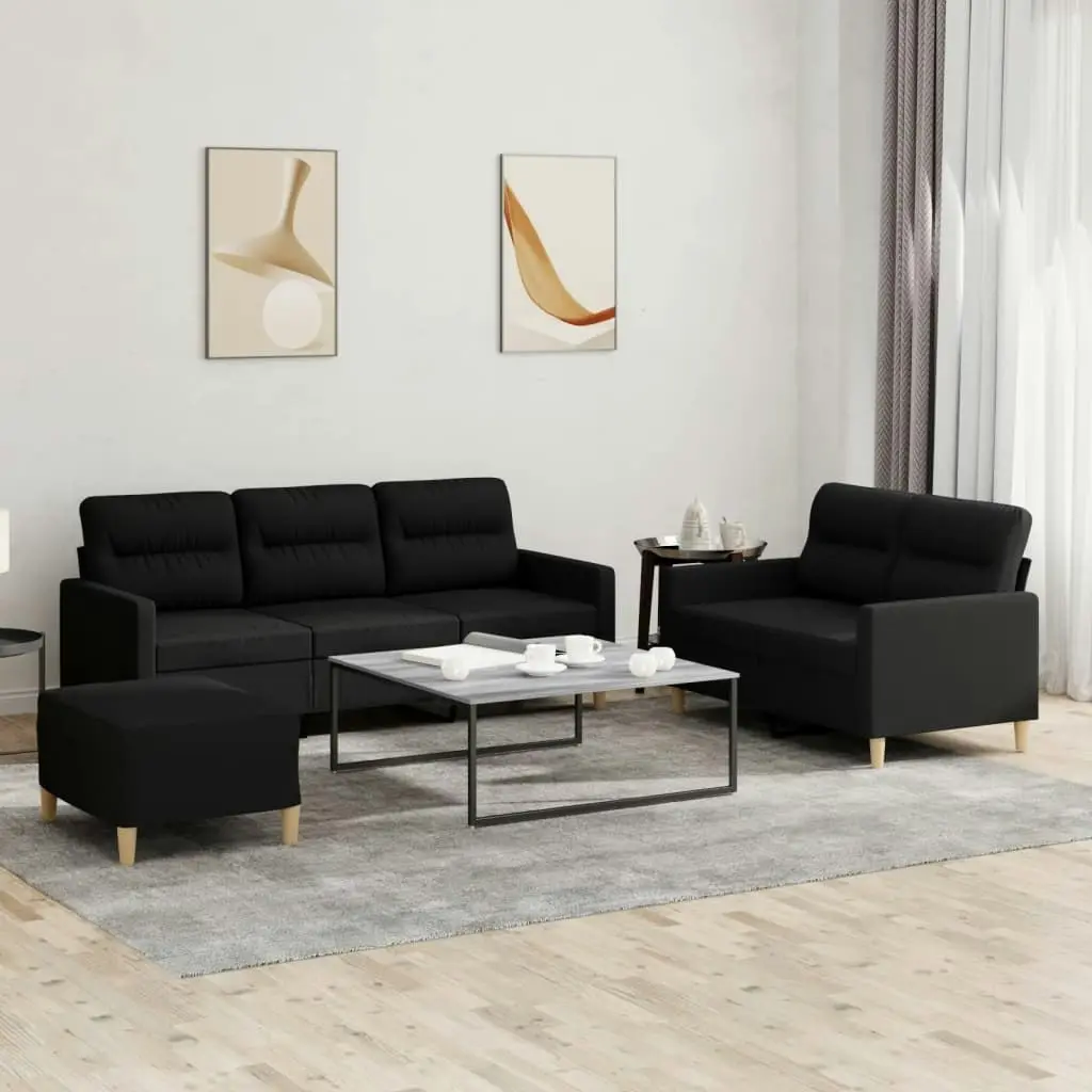 3 Piece Sofa Set with Cushions Black Fabric 3201612