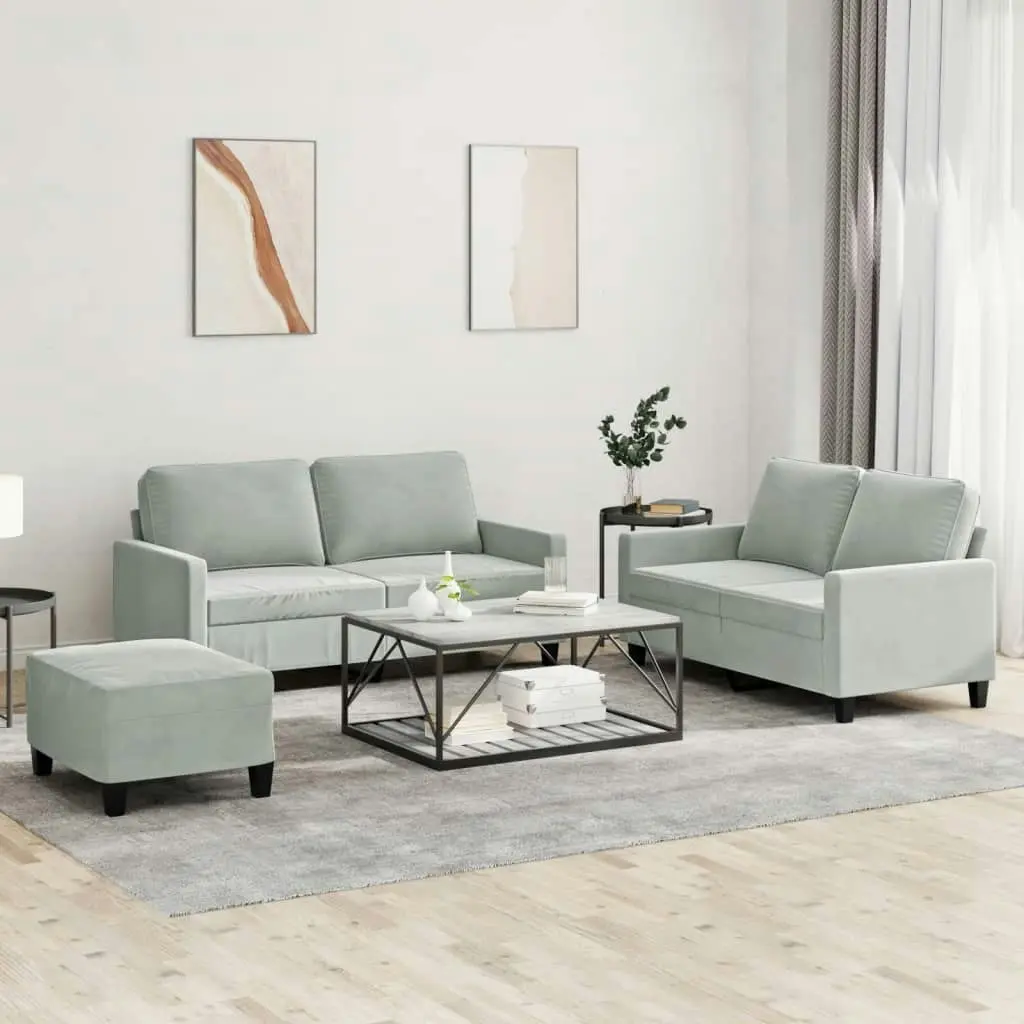 3 Piece Sofa Set with Cushions Light Grey Velvet 3201506