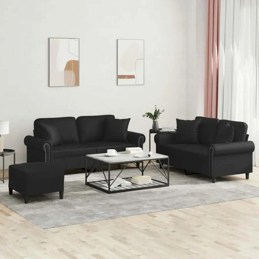 3 Piece Sofa Set with Pillows Black Faux Leather 3202165