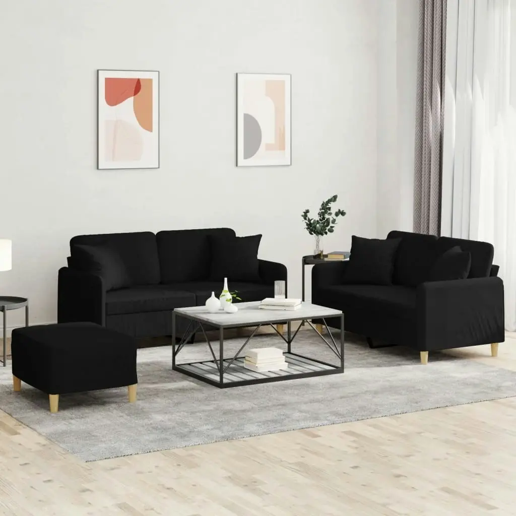 3 Piece Sofa Set with Pillows Black Fabric 3202114