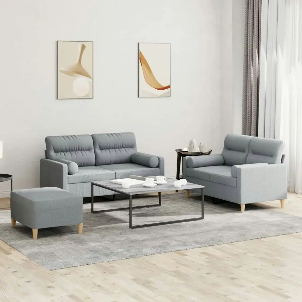 3 Piece Sofa Set with Pillows Light Grey Fabric 3201592