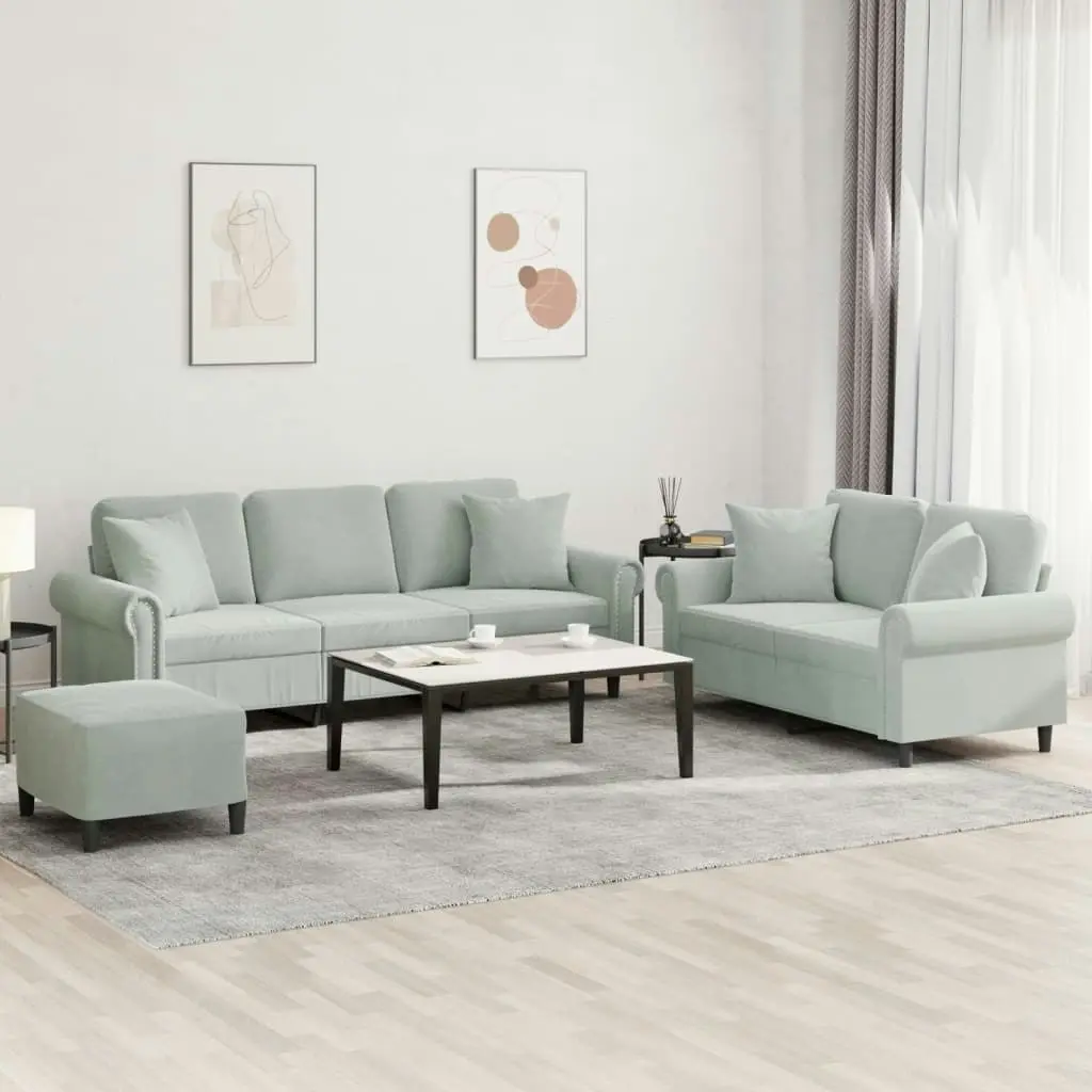 3 Piece Sofa Set with Pillows Light Grey Velvet 3202280