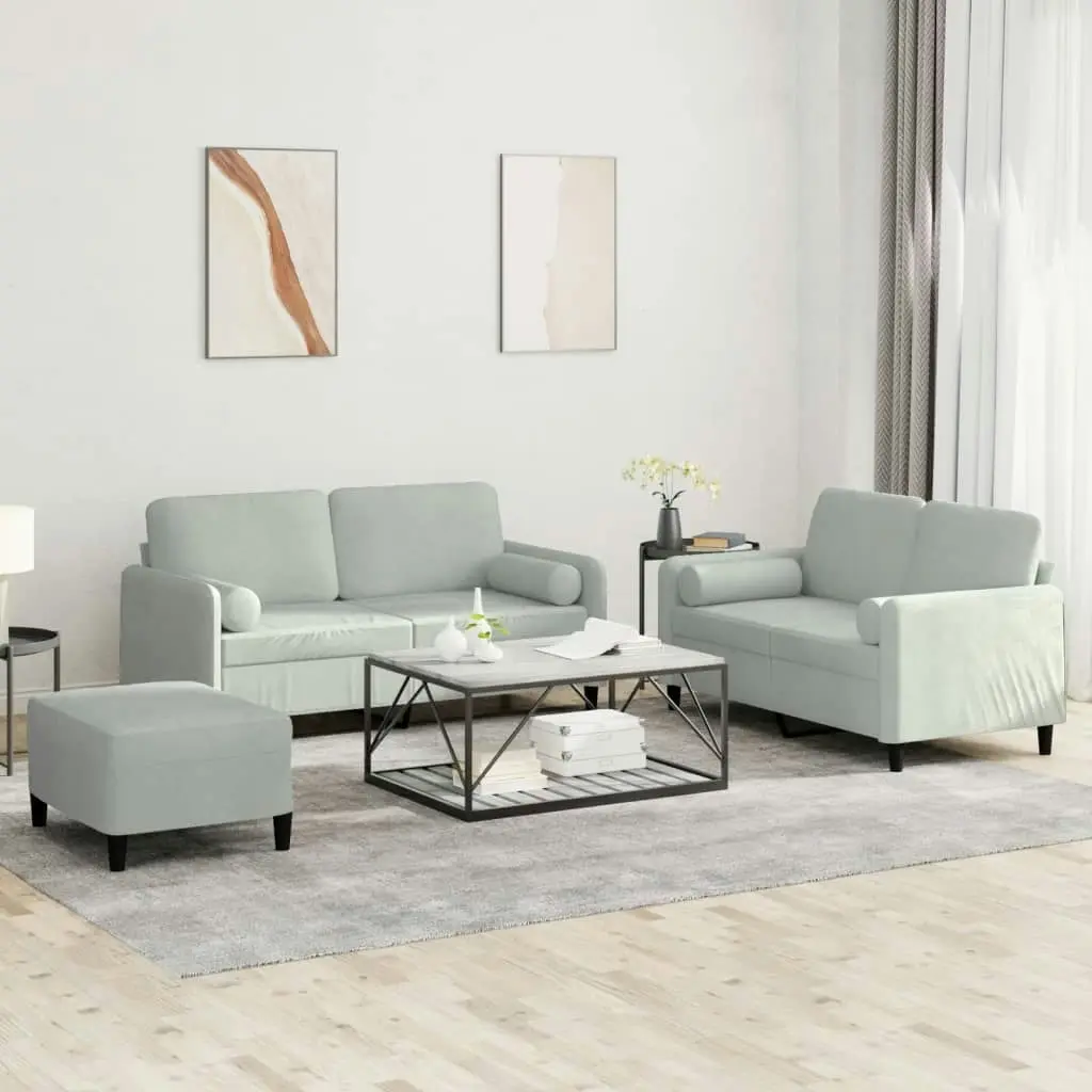 3 Piece Sofa Set with Pillows Light Grey Velvet 3202004