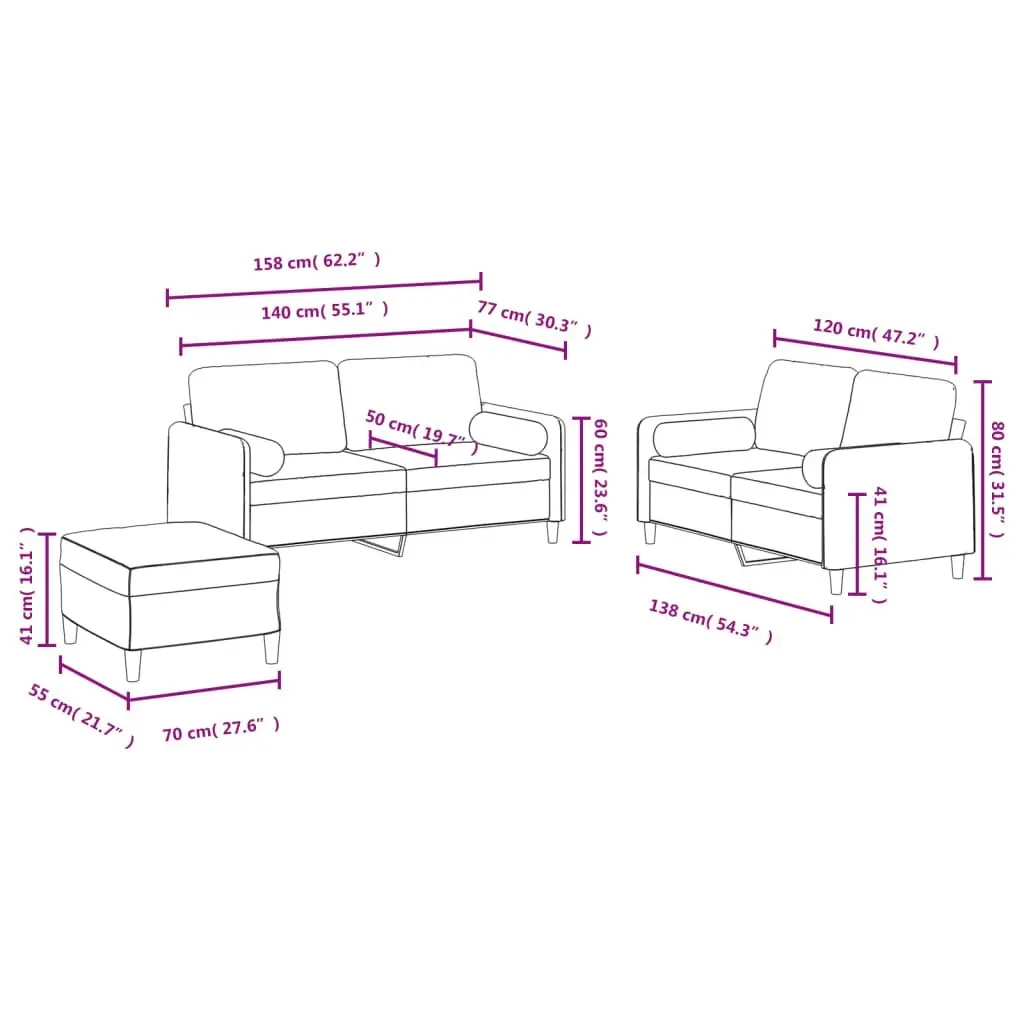 3 Piece Sofa Set with Pillows Light Grey Velvet 3202004