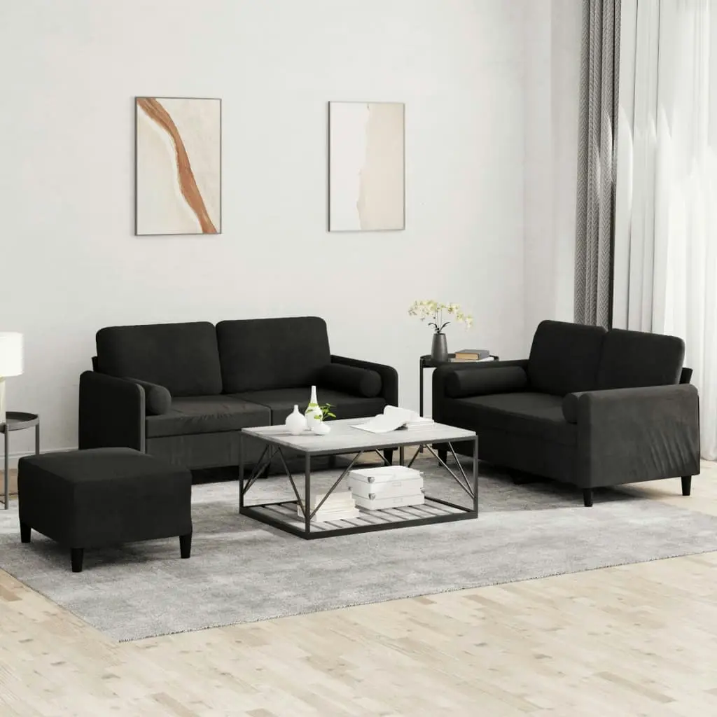 3 Piece Sofa Set with Pillows Black Velvet 3202009