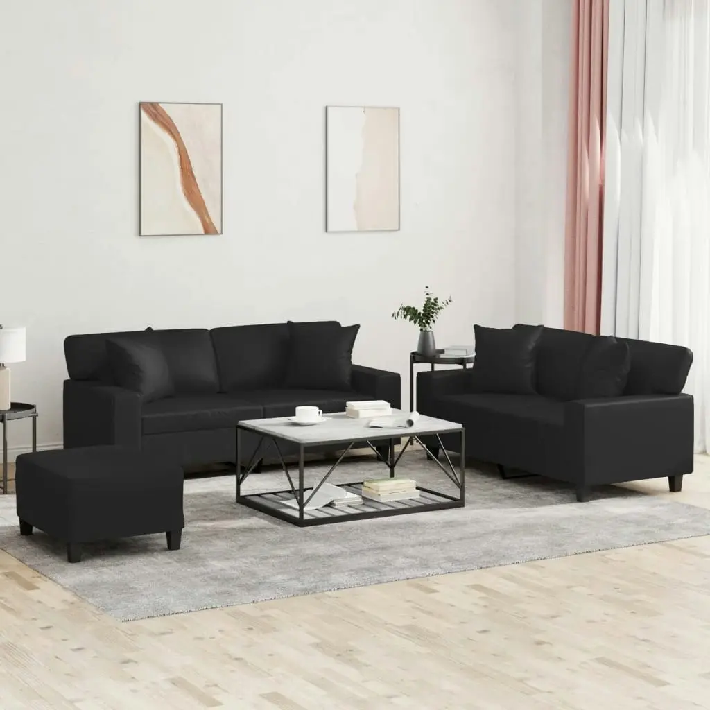 3 Piece Sofa Set with Pillows Black Faux Leather 3201929