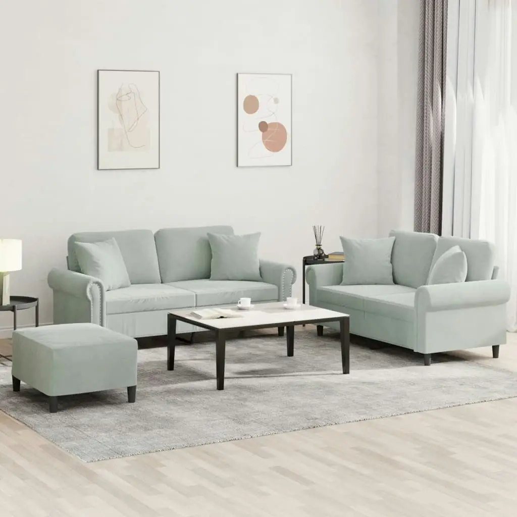 3 Piece Sofa Set with Pillows Light Grey Velvet 3202240