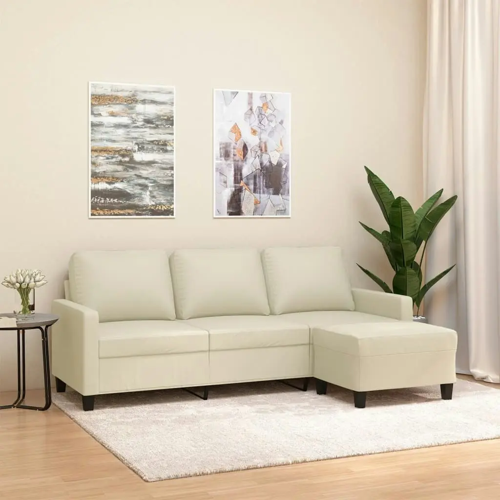 3-Seater Sofa with Footstool Cream 180 cm Faux Leather 3201025