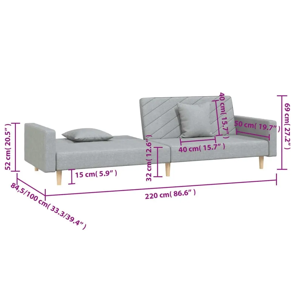 2-Seater Sofa Bed with Two Pillows Light Grey Fabric 375899