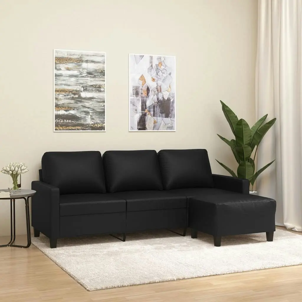 3-Seater Sofa with Footstool Black 180 cm Faux Leather 3201024