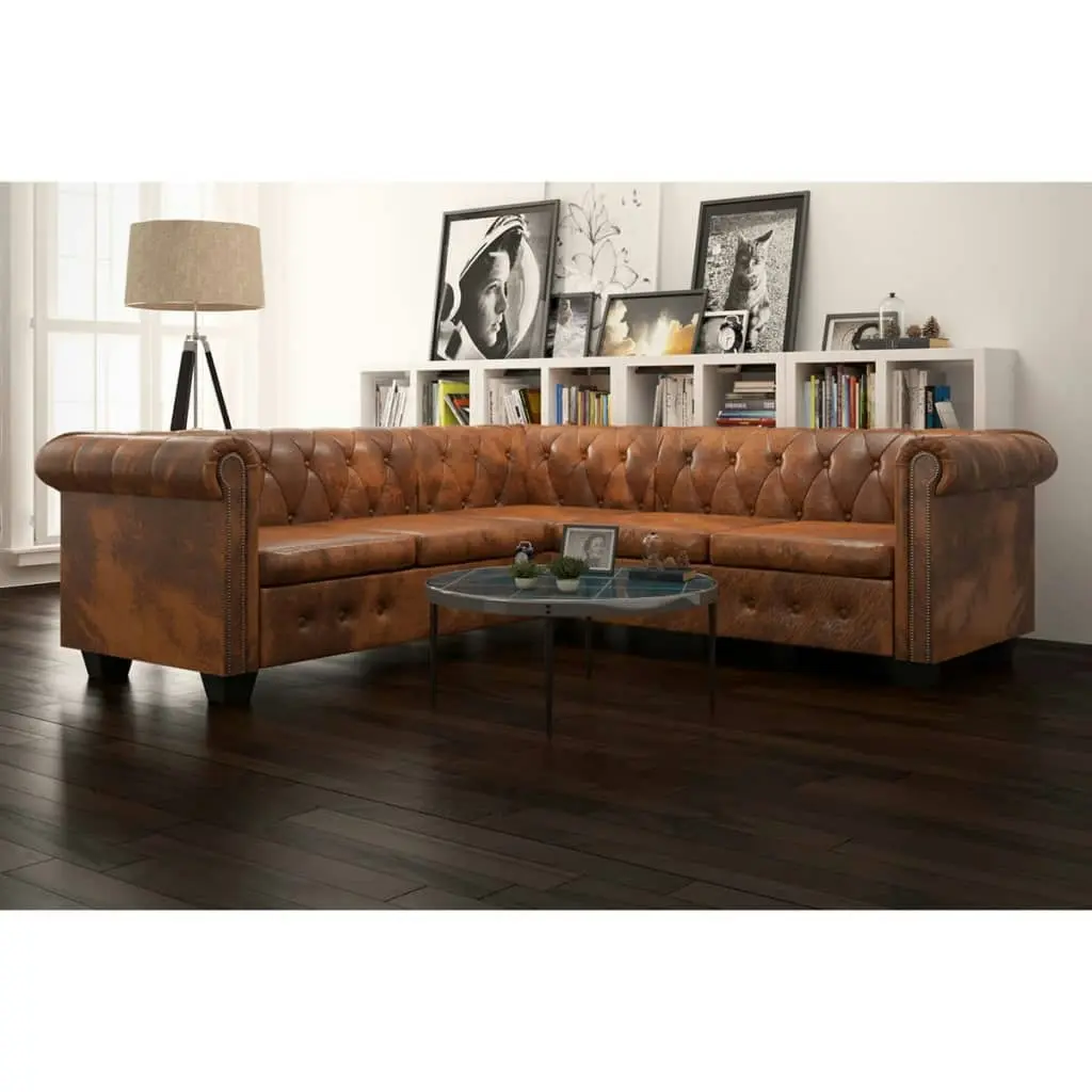 Chesterfield Corner Sofa 5-Seater Artificial Leather Brown 243615