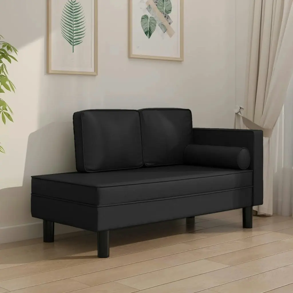 Chaise Lounge with Cushions and Bolster Black Faux Leather 340695