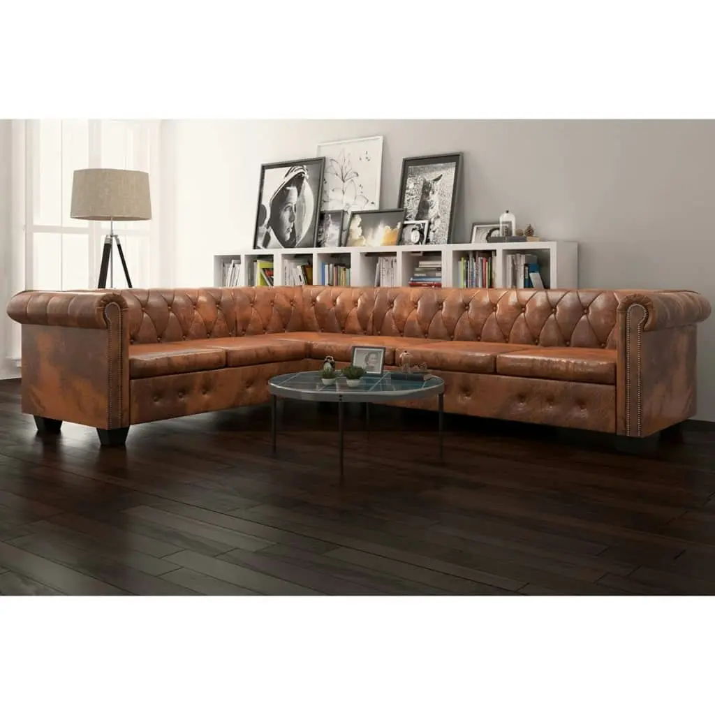 Chesterfield Corner Sofa 6-Seater Artificial Leather Brown 243618