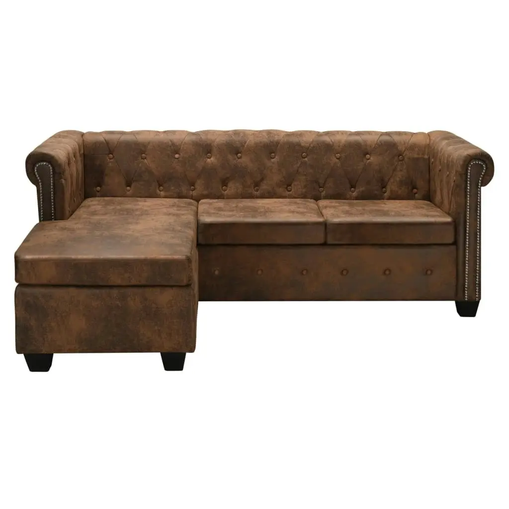 L-shaped Chesterfield Sofa Artificial Suede Leather Brown 245535