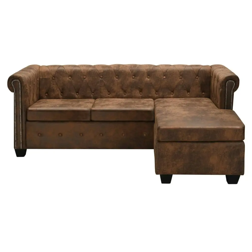 L-shaped Chesterfield Sofa Artificial Suede Leather Brown 275223