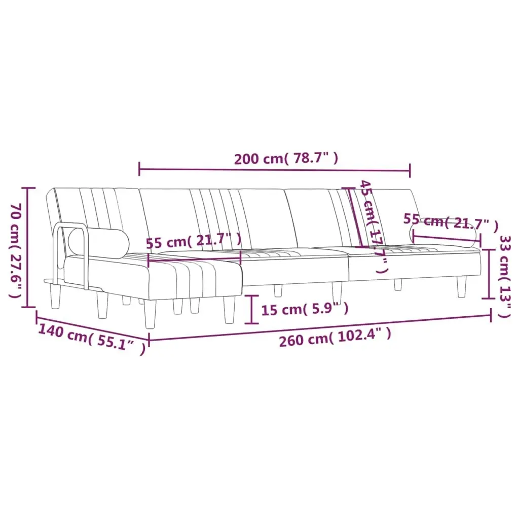 L-shaped Sofa Bed Dark Grey 260x140x70 cm Velvet 3157243