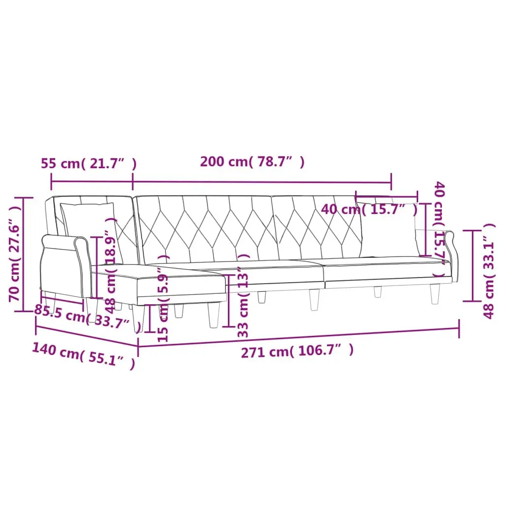 L-shaped Sofa Bed Black 271x140x70 cm Velvet 3157279