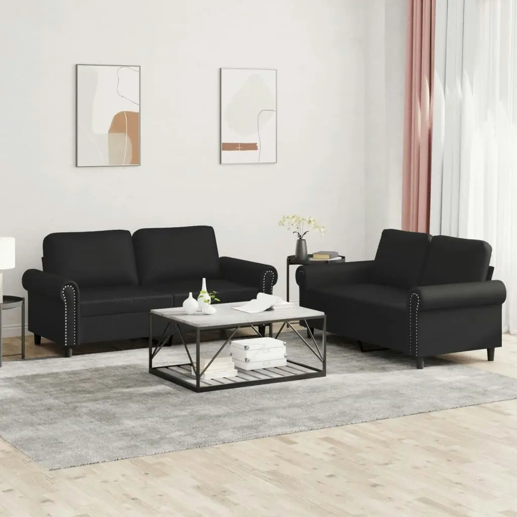 2 Piece Sofa Set with Cushions Black Faux Leather 3202150