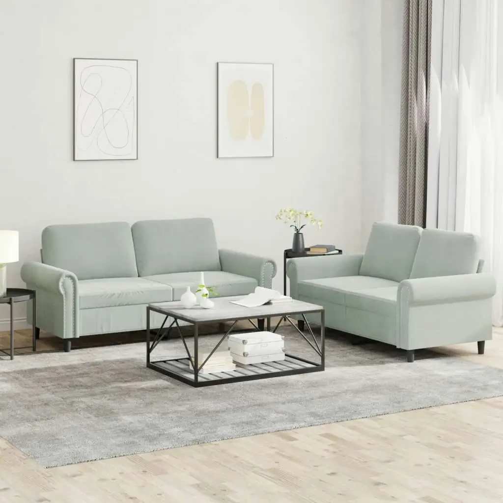 2 Piece Sofa Set with Cushions Light Grey Velvet 3202210