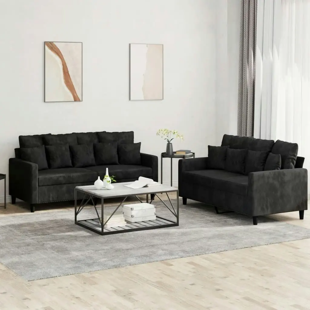 2 Piece Sofa Set with Cushions Black Velvet 3201705