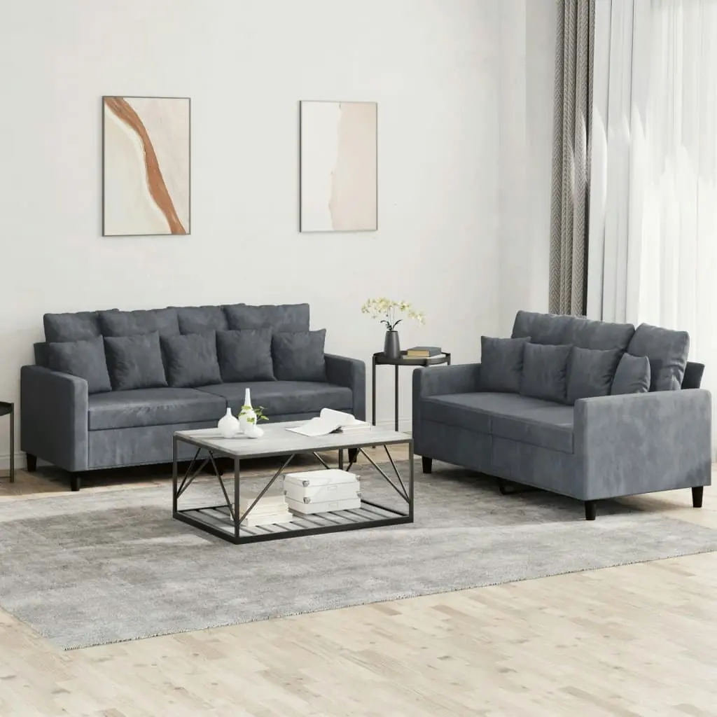 2 Piece Sofa Set with Cushions Dark Grey Velvet 3201701